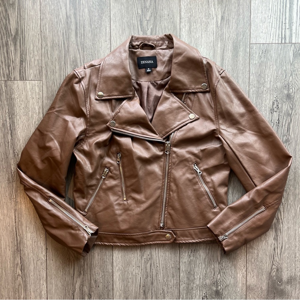 Zenana Outfitters Women’s Faux Leather Moto Jacket Belted Asymmetrical Medium - Picture 4 of 11